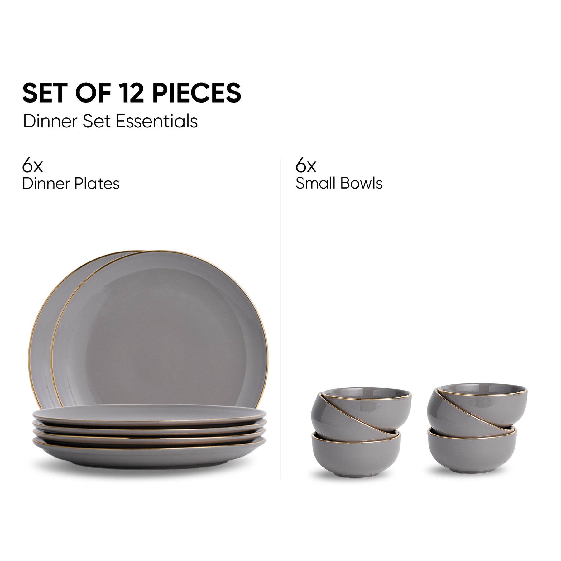 Ceramic Dinner Set – 12 Pieces | Grey Gold | Glossy Finish | Premium Ceramic | Real Gold Detailing | Goldline Series