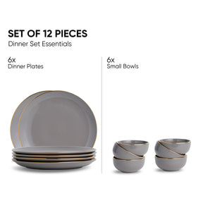 Ceramic Dinner Set – 12 Pieces | Grey Gold | Glossy Finish | Premium Ceramic | Real Gold Detailing | Goldline Series