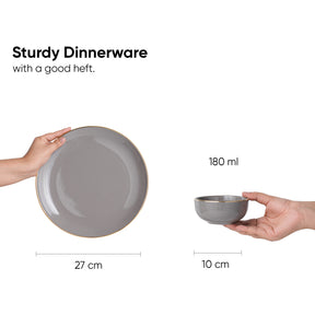 Ceramic Dinner Set – 12 Pieces | Grey Gold | Glossy Finish | Premium Ceramic | Real Gold Detailing | Goldline Series