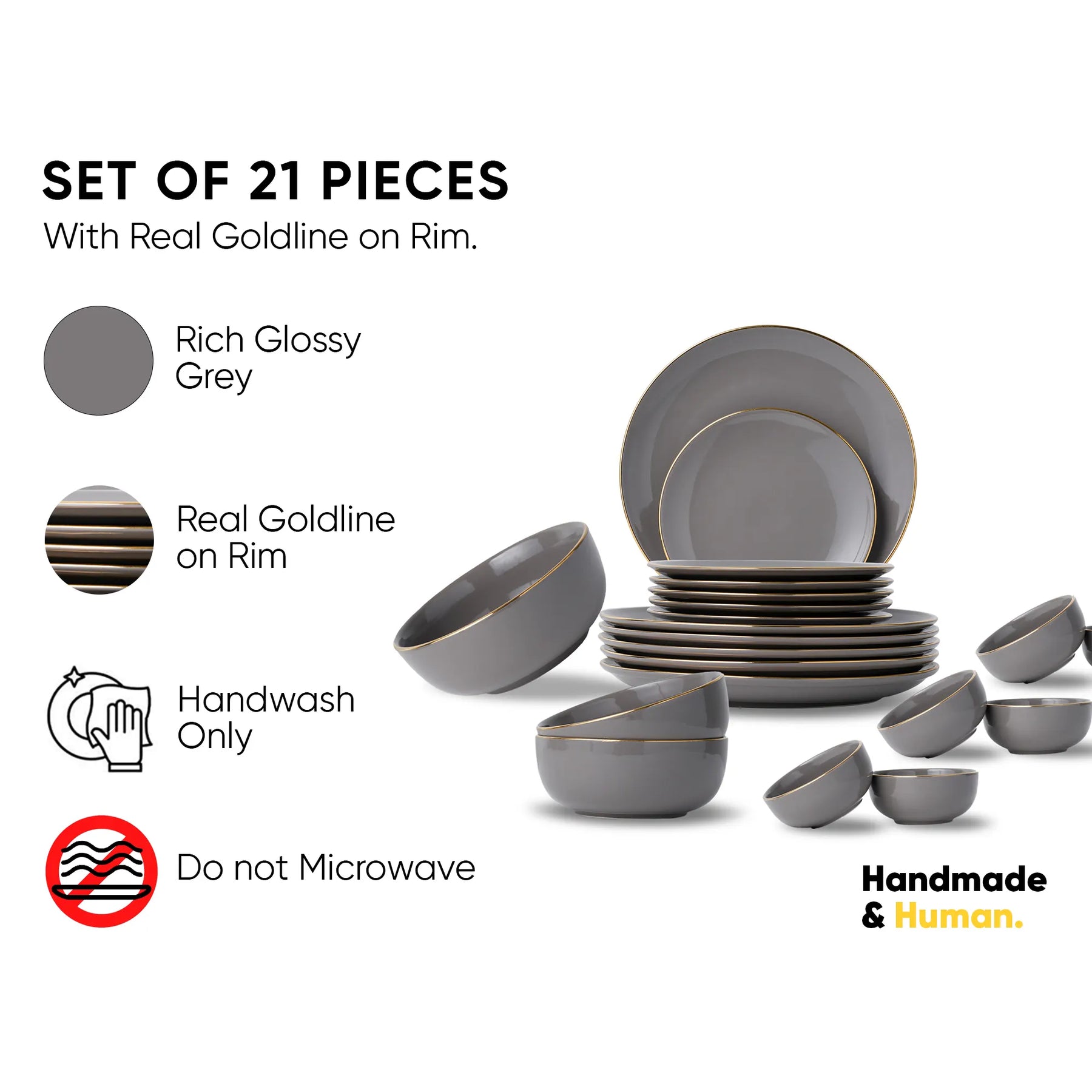 Set of 21 grey dinnerware pieces with gold rim on a white background, featuring text about material and care instructions.