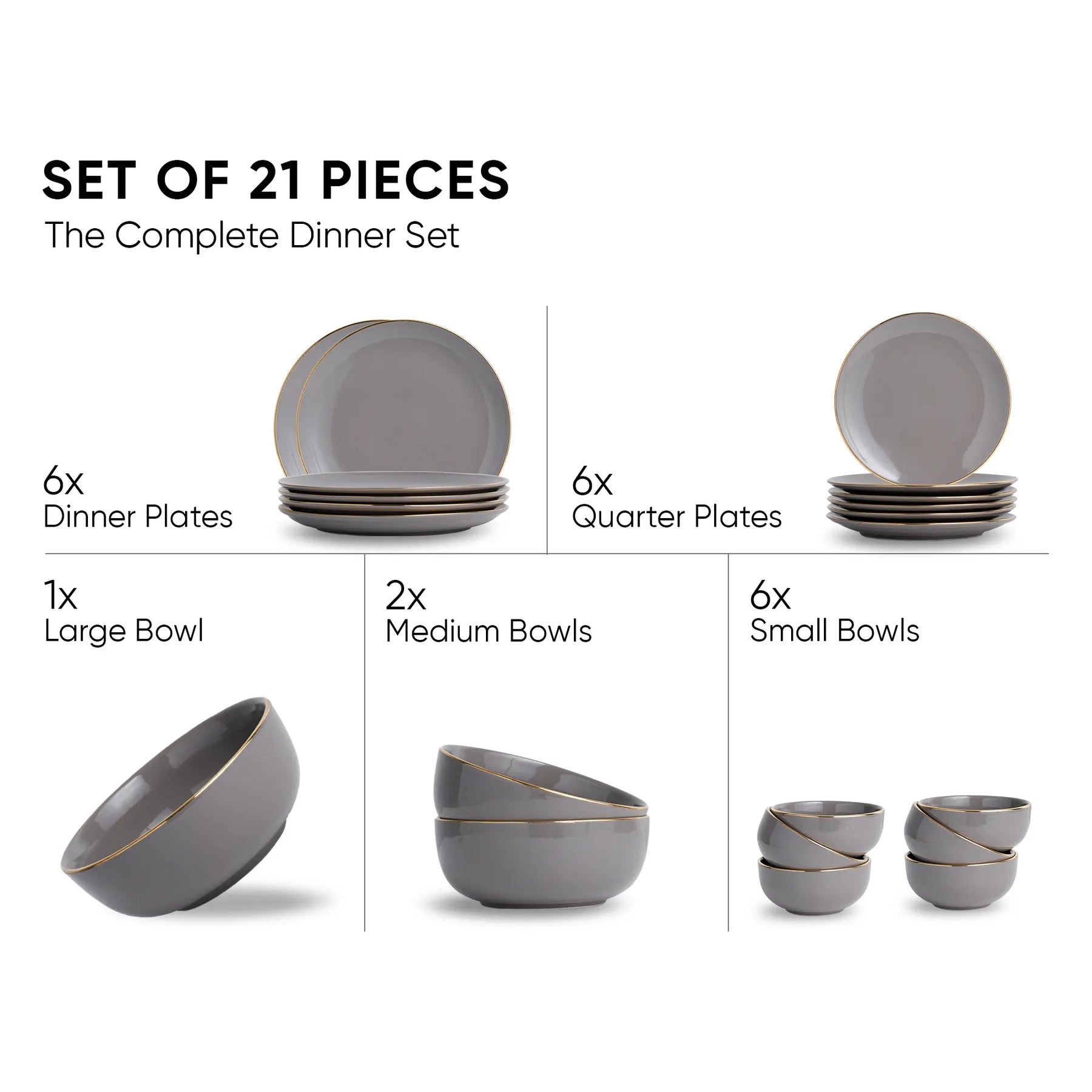 Set of 21-piece dinnerware set with gray plates, bowls, and a large bowl on a white background.