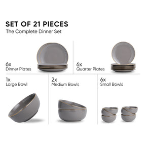 Ceramic Dinner Set – 21 Pieces | Grey Gold | Glossy Finish | Premium Ceramic | Real Gold Detailing | Goldline Series