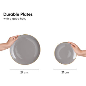 Two gray plates held by hands with measurements on a white background