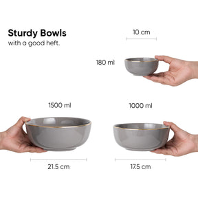 Gray bowls held by hands with measurements and volume details on a white background