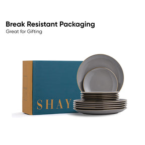 Set of gray ceramic plates with 'SHAY' branded packaging on a white background
