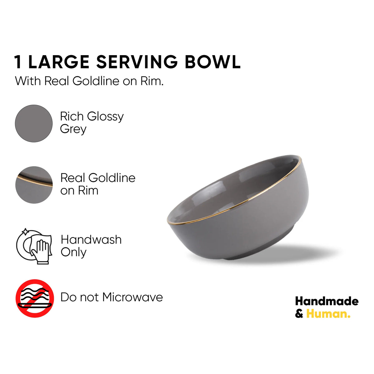 Gray serving bowl with gold rim on a white background, featuring product details.