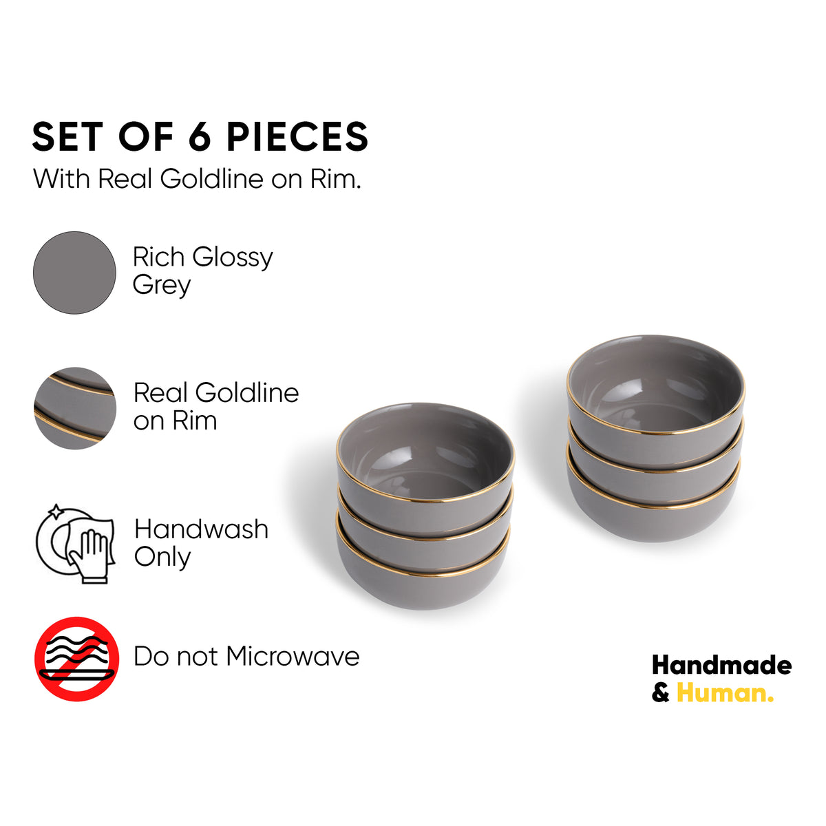 Ceramic Veg Bowls Set of 6 for Dinner, 180ml, 6 Pieces – Grey Gold
