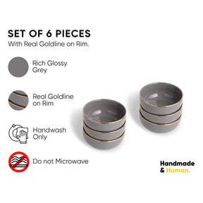 Ceramic Veg Bowls Set of 6 for Dinner | 180ml | Glossy Finish | Premium Ceramic | Gold Rim | Gold Line Collection | Multipurpose Katori Set