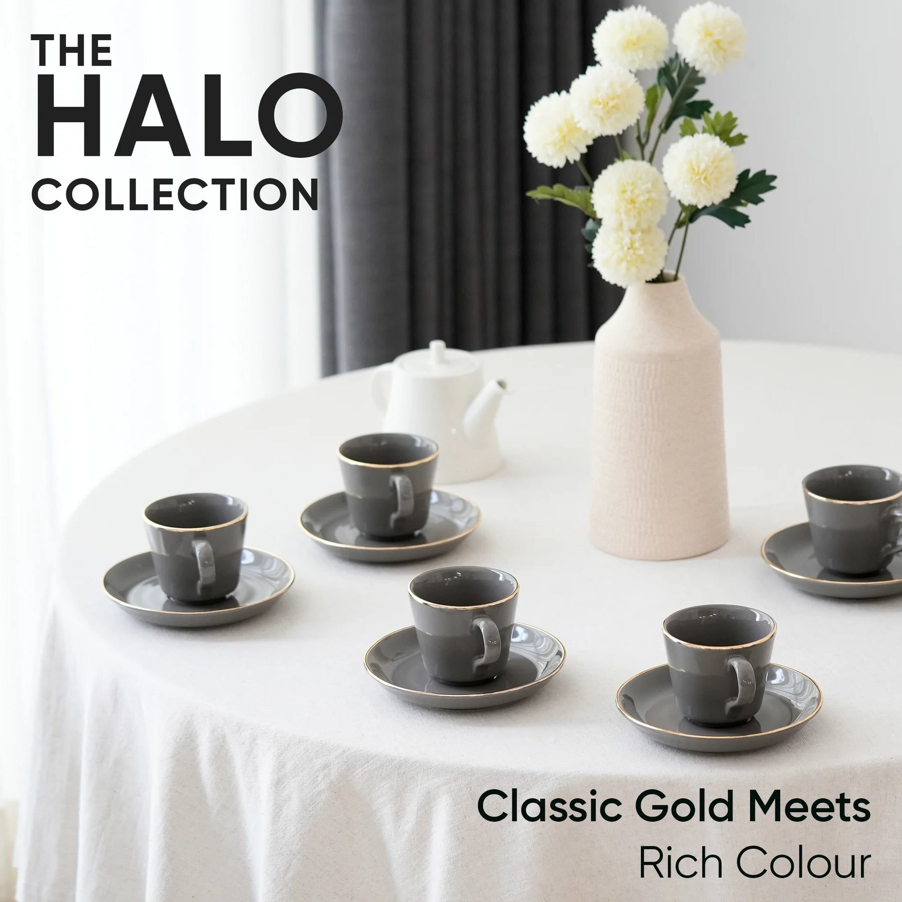 Ceramic Tea Cup & Saucer Set Set of 6 | Grey with Real Gold Line | 180ml