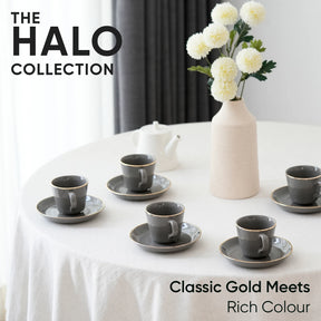 Ceramic Tea Cup & Saucer Set Set of 6 | Grey with Real Gold Line | 180ml