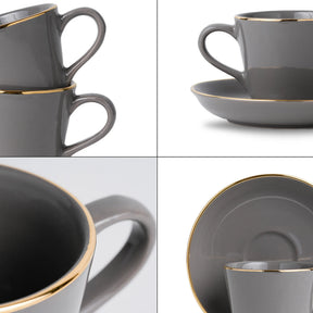 Ceramic Tea Cup & Saucer Set Set of 6 | Grey with Real Gold Line | 180ml