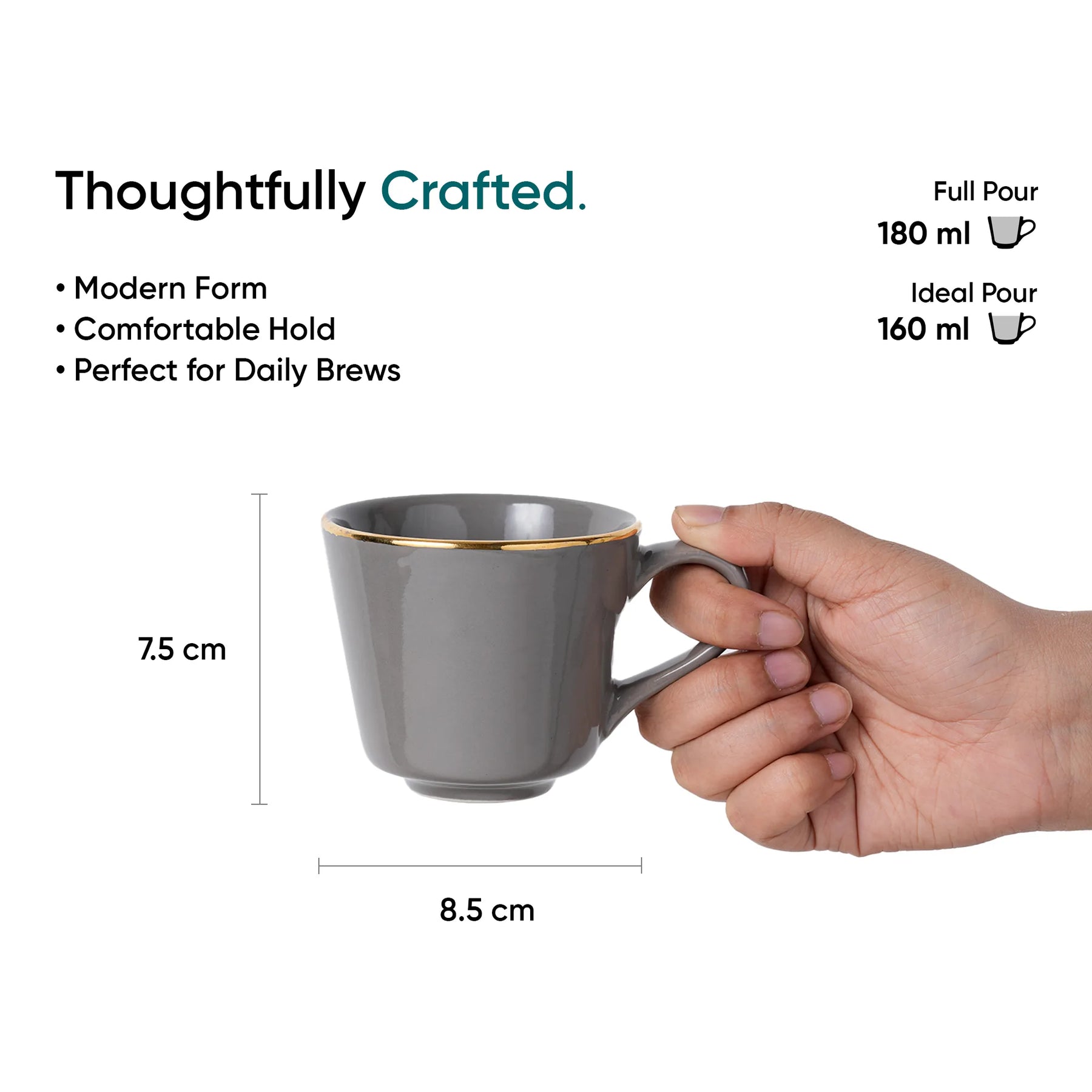 Ceramic Tea Cup & Saucer Set Set of 6 | Grey with Real Gold Line | 180ml