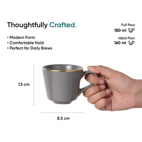 Ceramic Tea Cup & Saucer Set Set of 6 | Grey with Real Gold Line | 180ml