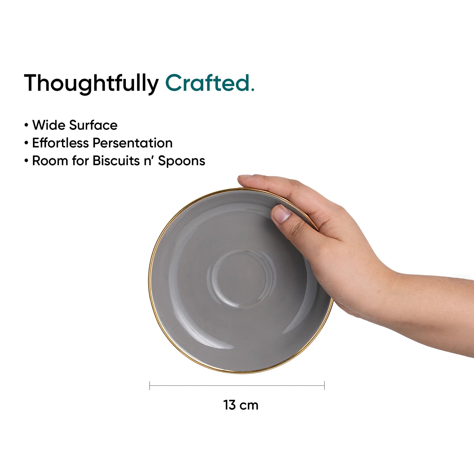Ceramic Tea Cup & Saucer Set Set of 6 | Grey with Real Gold Line | 180ml