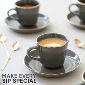 Ceramic Tea Cup & Saucer Set Set of 6 | Grey with Real Gold Line | 180ml