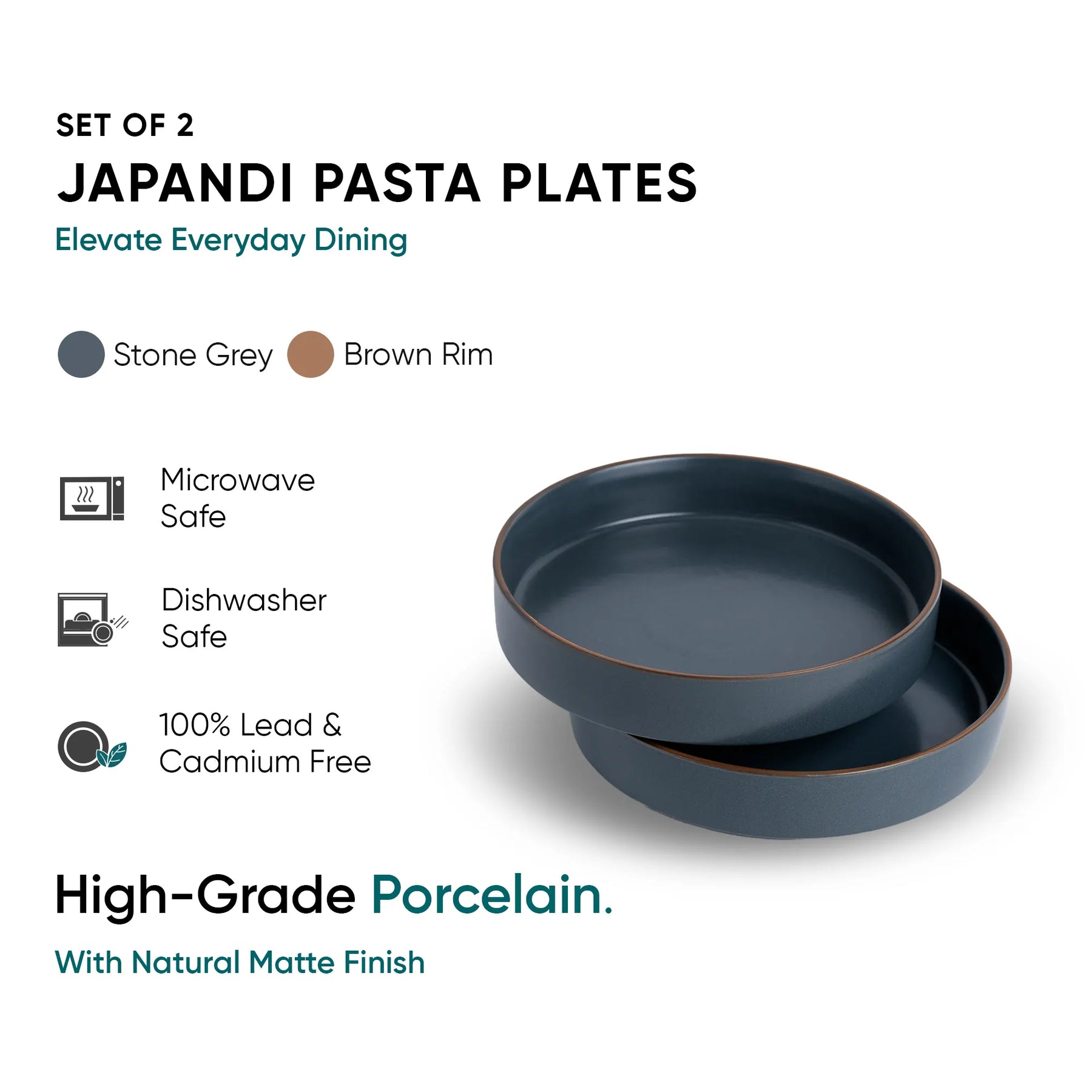 Set of two Japandi pasta plates with stone grey color and brown rim on a white background.