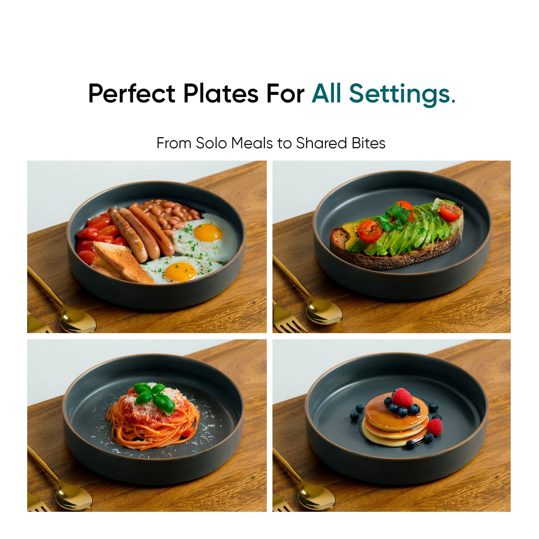 Collage of four plates with different meals on a wooden table, featuring text about versatile plates.