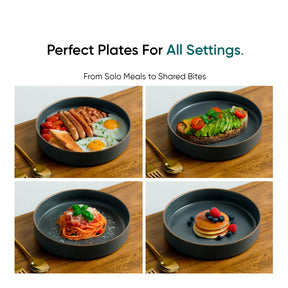 Collage of four plates with different meals on a wooden table, featuring text about versatile plates.