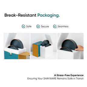 Advertisement for break-resistant packaging with images of items being protected in a box.