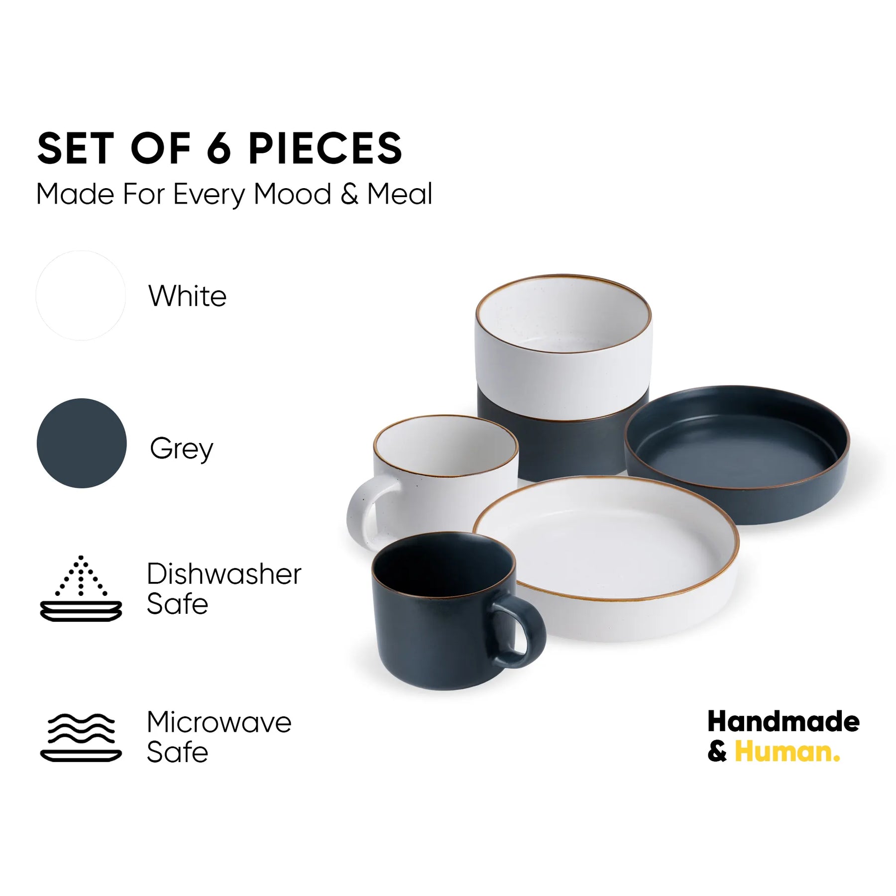 Ceramic Breakfast Set | Japandi Collection | 6 Pieces | Grey & White