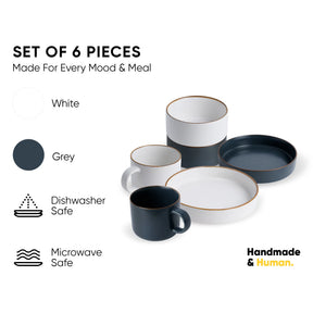 Ceramic Breakfast Set | Japandi Collection | 6 Pieces | Grey & White