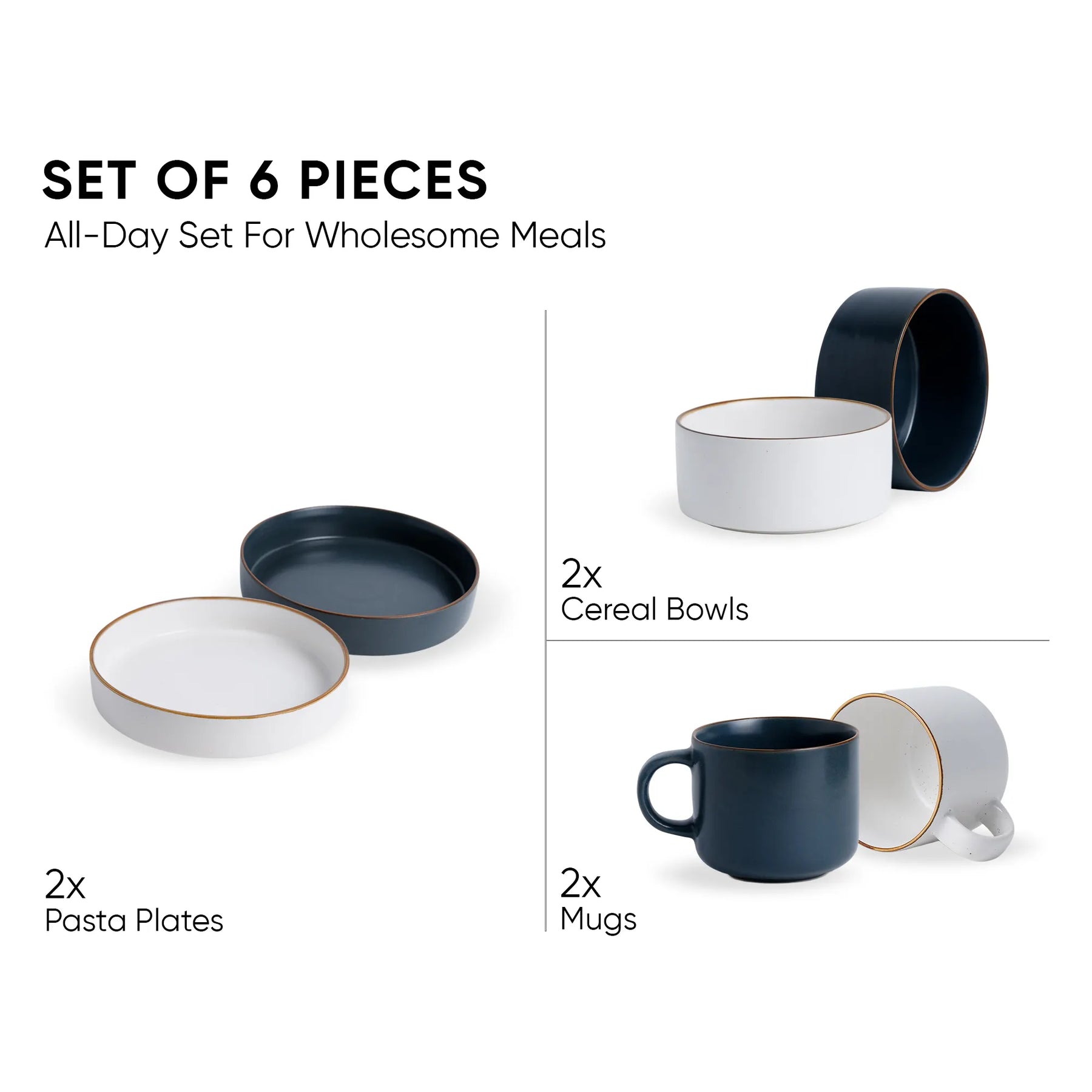Ceramic Breakfast Set | Japandi Collection | 6 Pieces | Grey & White