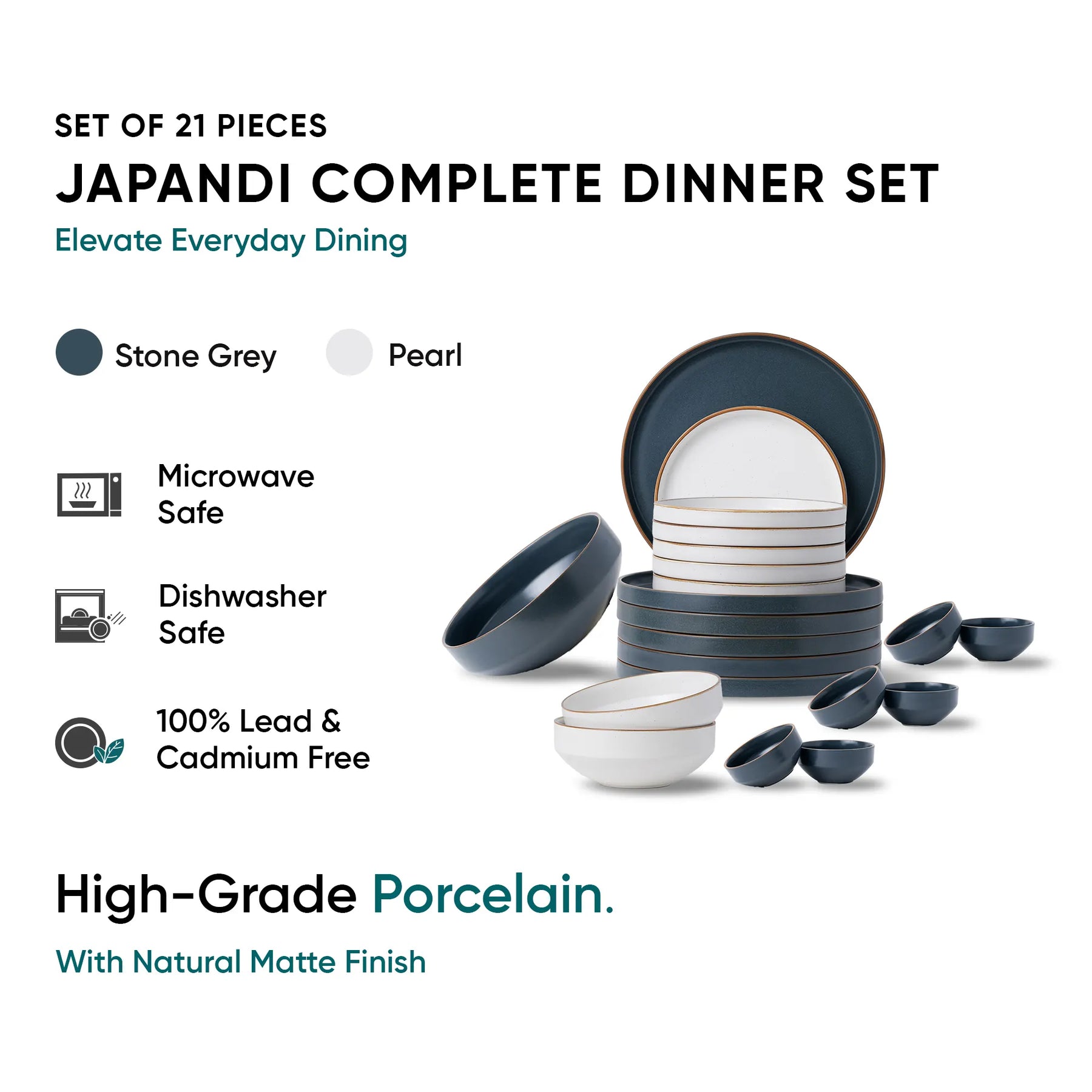 Japandi complete dinner set with stone grey and pearl options on a white background.