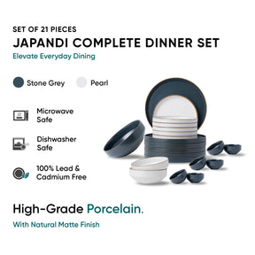Japandi complete dinner set with stone grey and pearl options on a white background.