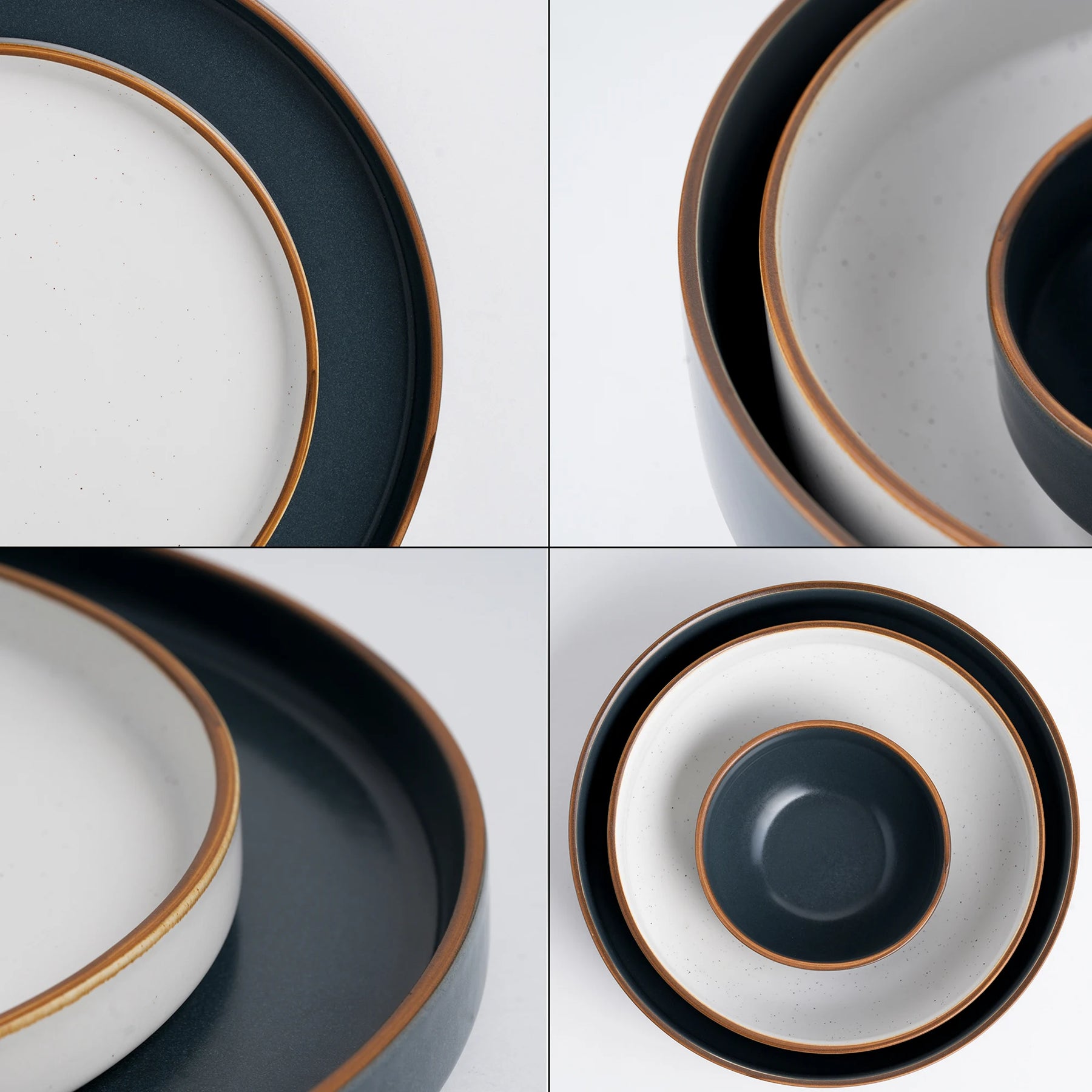 Set of ceramic plates with gold and black rims on a white background