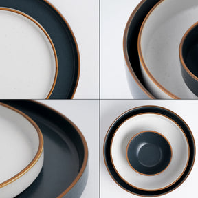 Set of ceramic plates with gold and black rims on a white background