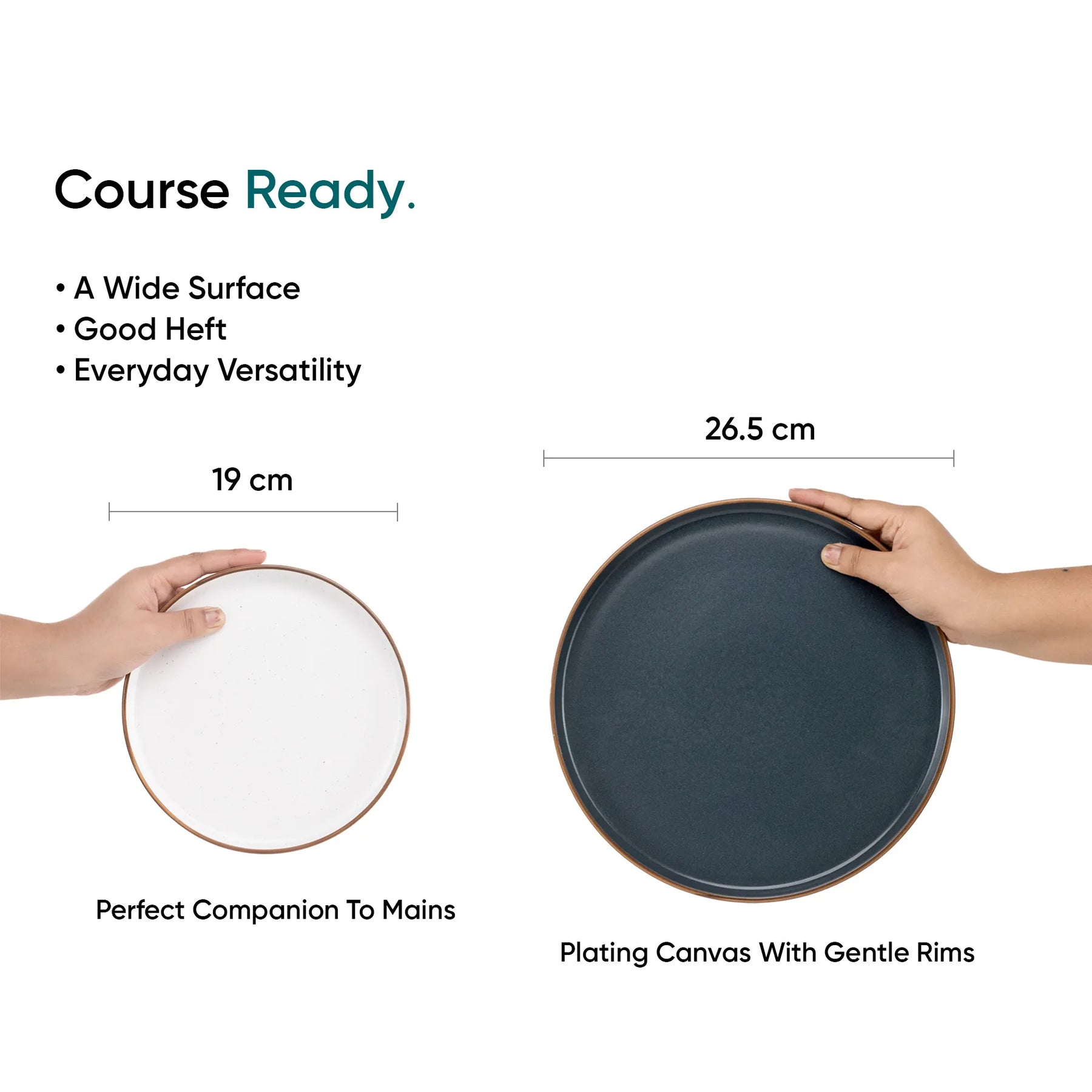 Two plates held by hands with measurements and text describing their features.