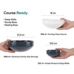 Three bowls of different sizes held by hands with measurements and text on a white background.