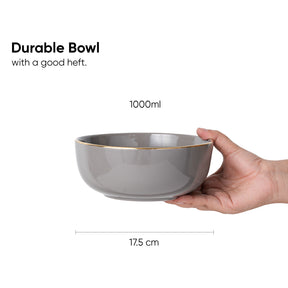 Ceramic Serving Medium Bowls Set of 2, 1000ml – Grey Gold | Glossy Finish | Premium Ceramic | Goldline Collection