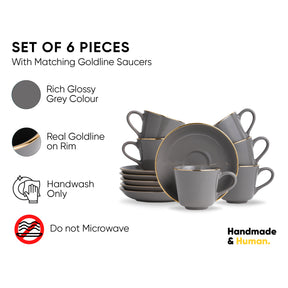 Shay Ceramic Tea Cup & Saucer Set – Set of 6 | Grey with Real Gold Line | 180ml