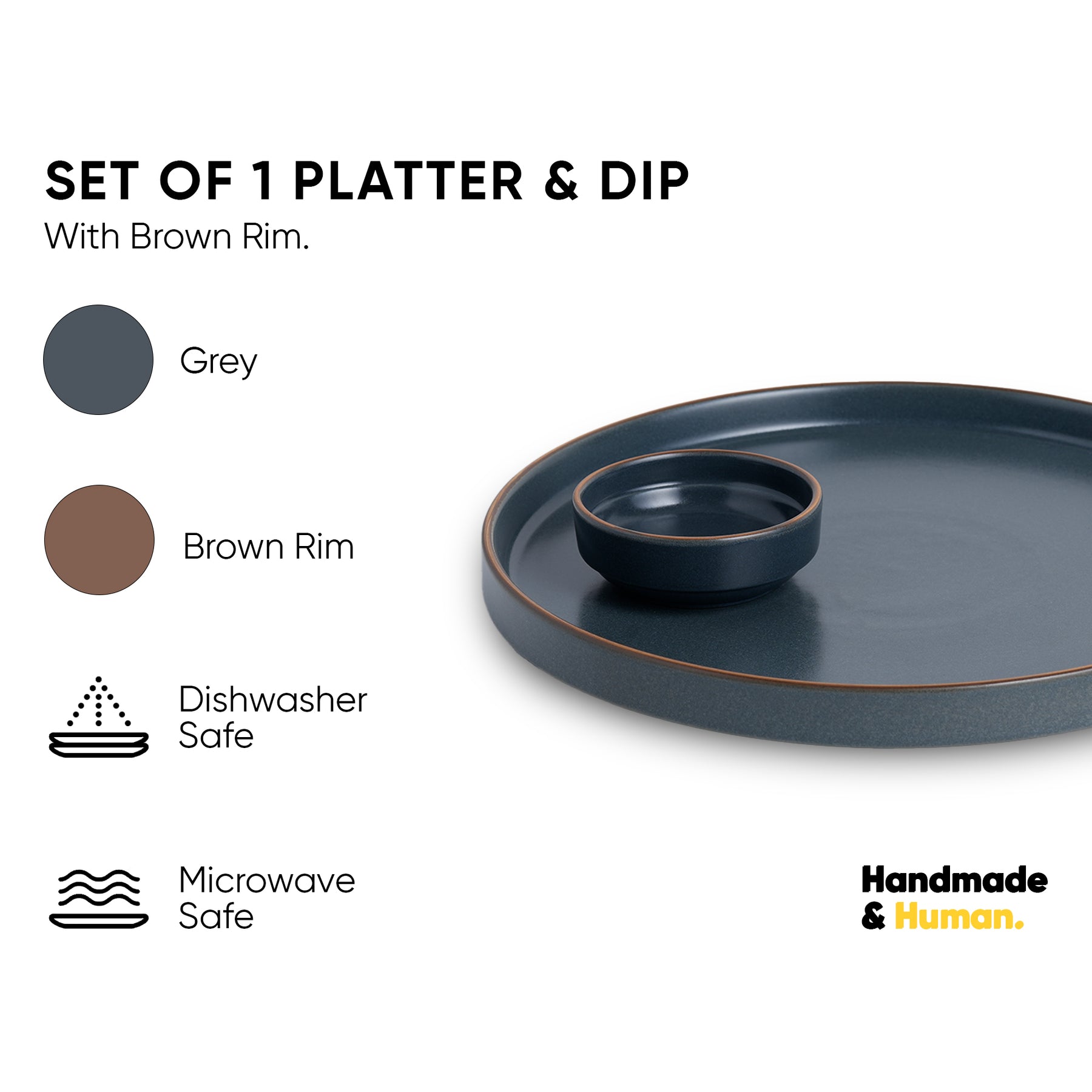 Japandi Ceramic Platter with Dip Bowl – Grey, Large