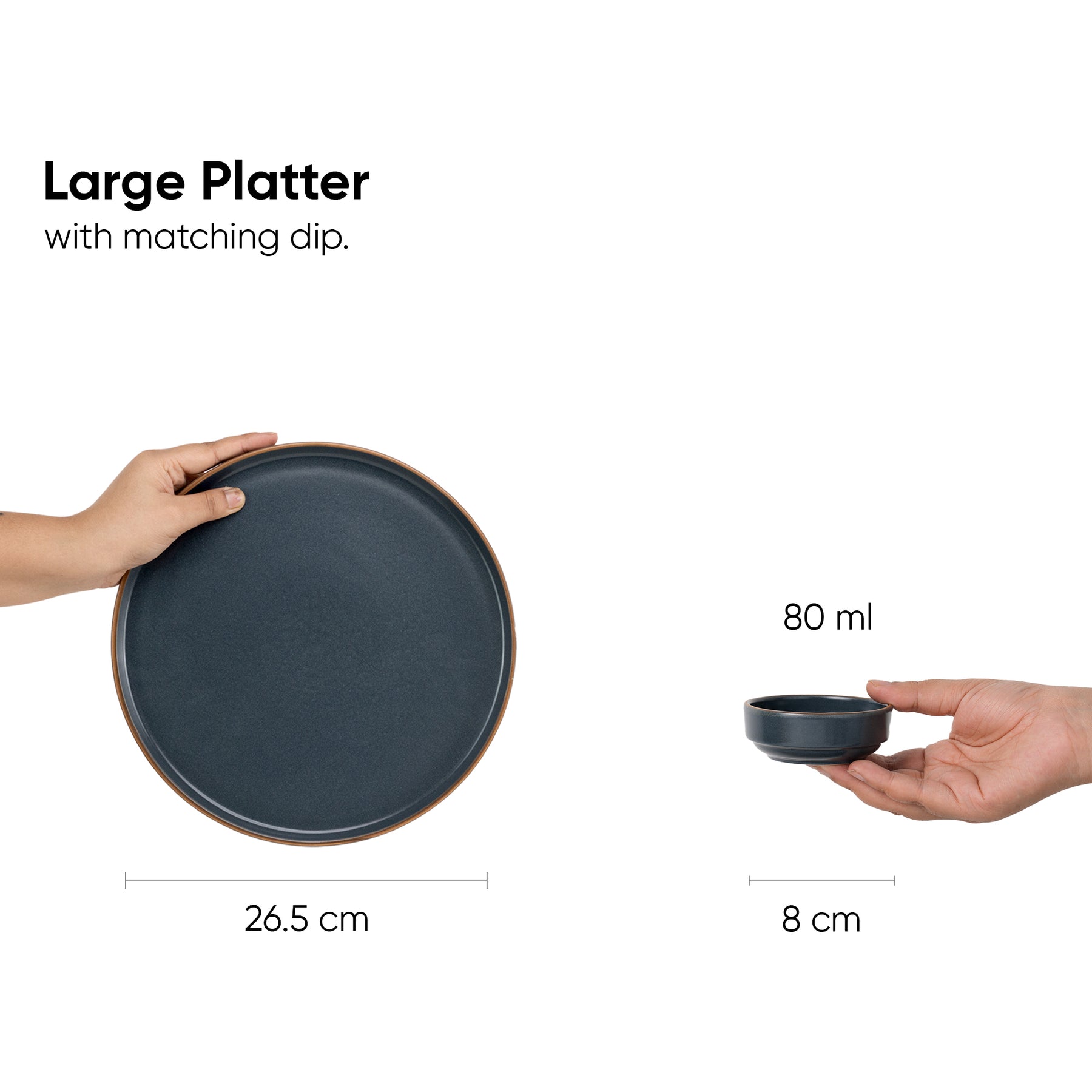 Japandi Ceramic Platter with Dip Bowl – Grey, Large