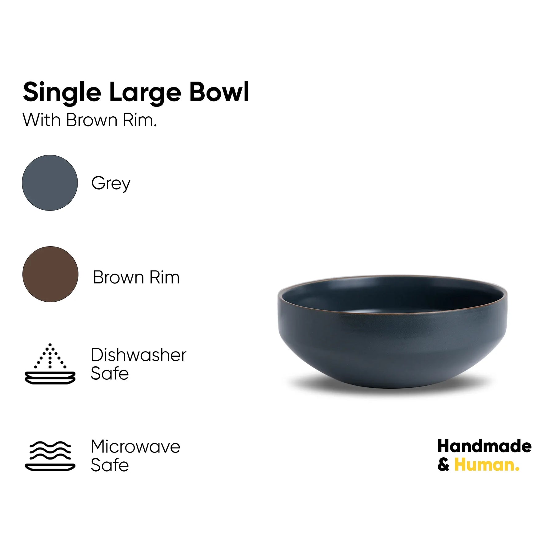 Single large bowl with brown rim on a white background, featuring color swatches and safety information.