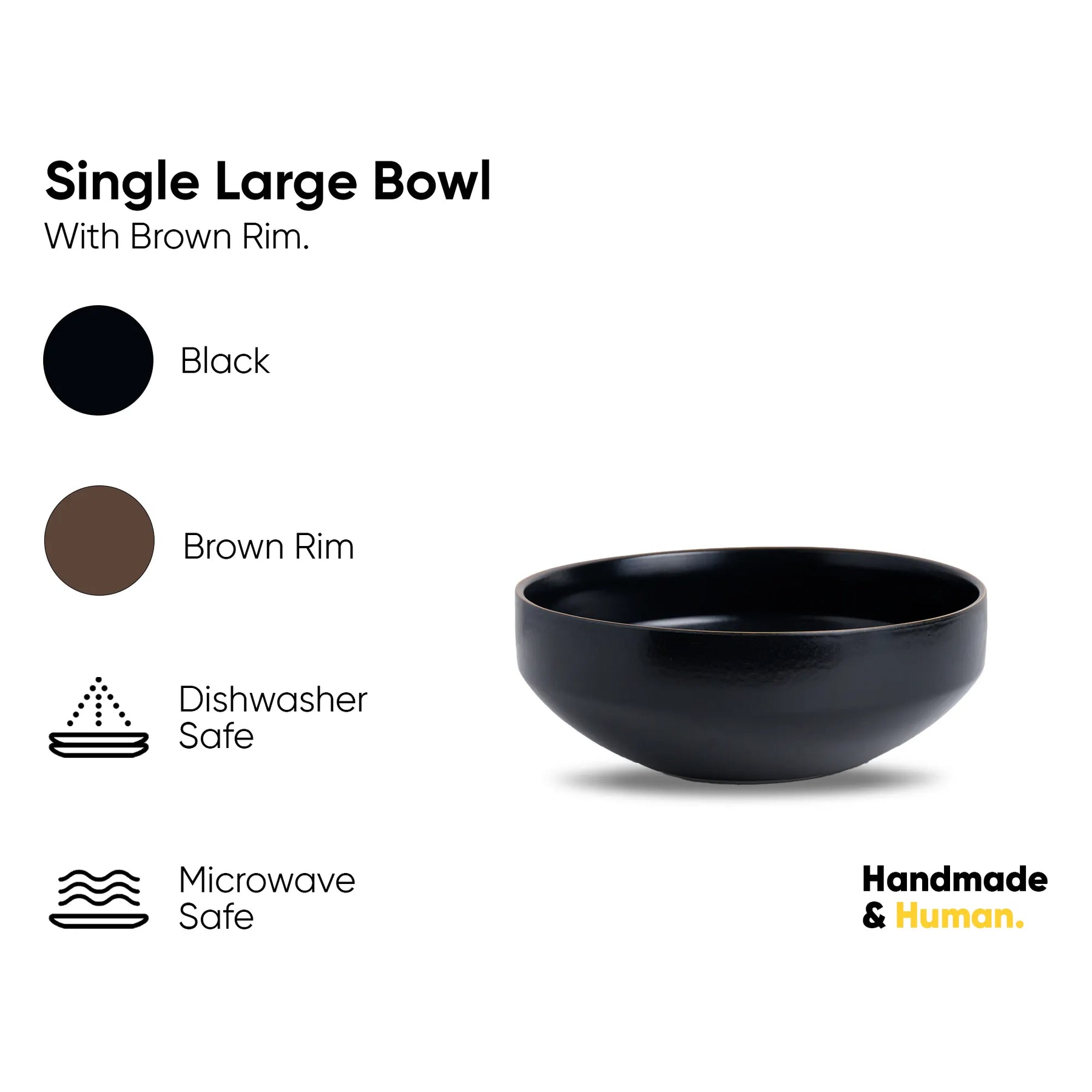 Black bowl with brown rim on a white background, featuring safety and material information.