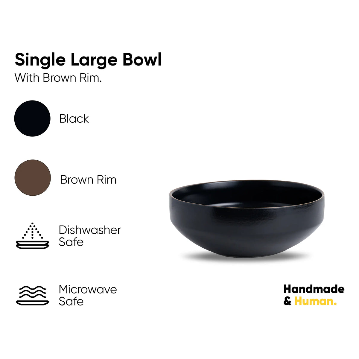Black bowl with brown rim on a white background, featuring product details and branding.