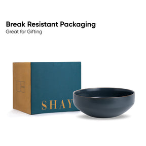 Blue bowl with 'SHAY' branding next to a teal box on a white background, with text about break-resistant packaging.