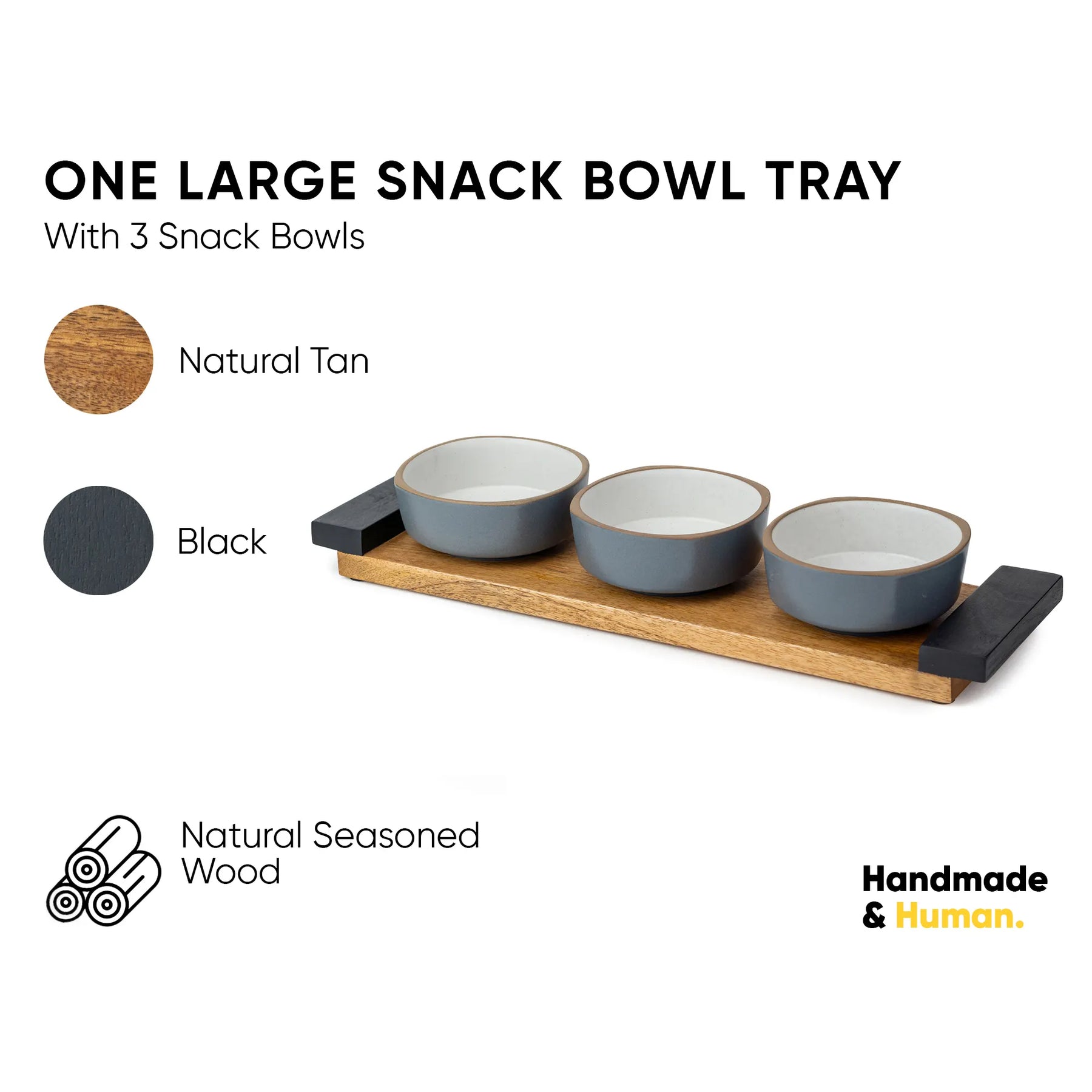 Snack bowl tray with three bowls on a wooden base, featuring 'Handmade & Human' branding.