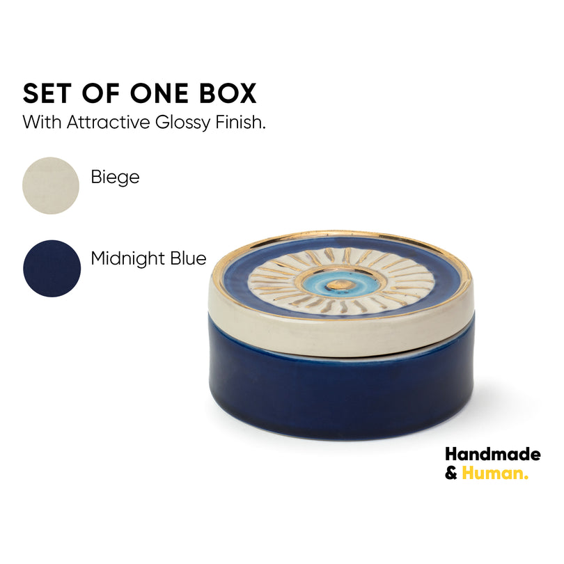 Ceramic Cookie Jar, 1 Pc, Blue White and Gold | Glossy Finish | Premium Hamsa Decor Collection