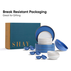 Ceramic Dinner Plates Set, 21 Pieces | Blue Japandi Series | Matte Finish