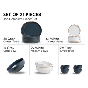 Ceramic Dinner Plates Set, 21 Pieces | Japandi Series | Matte Finish