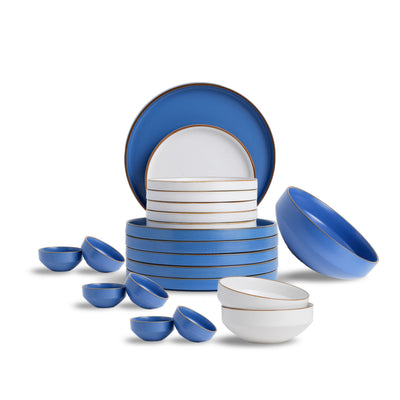 Ceramic Dinner Plates Set, 21 Pieces | Blue Japandi Series | Matte Finish