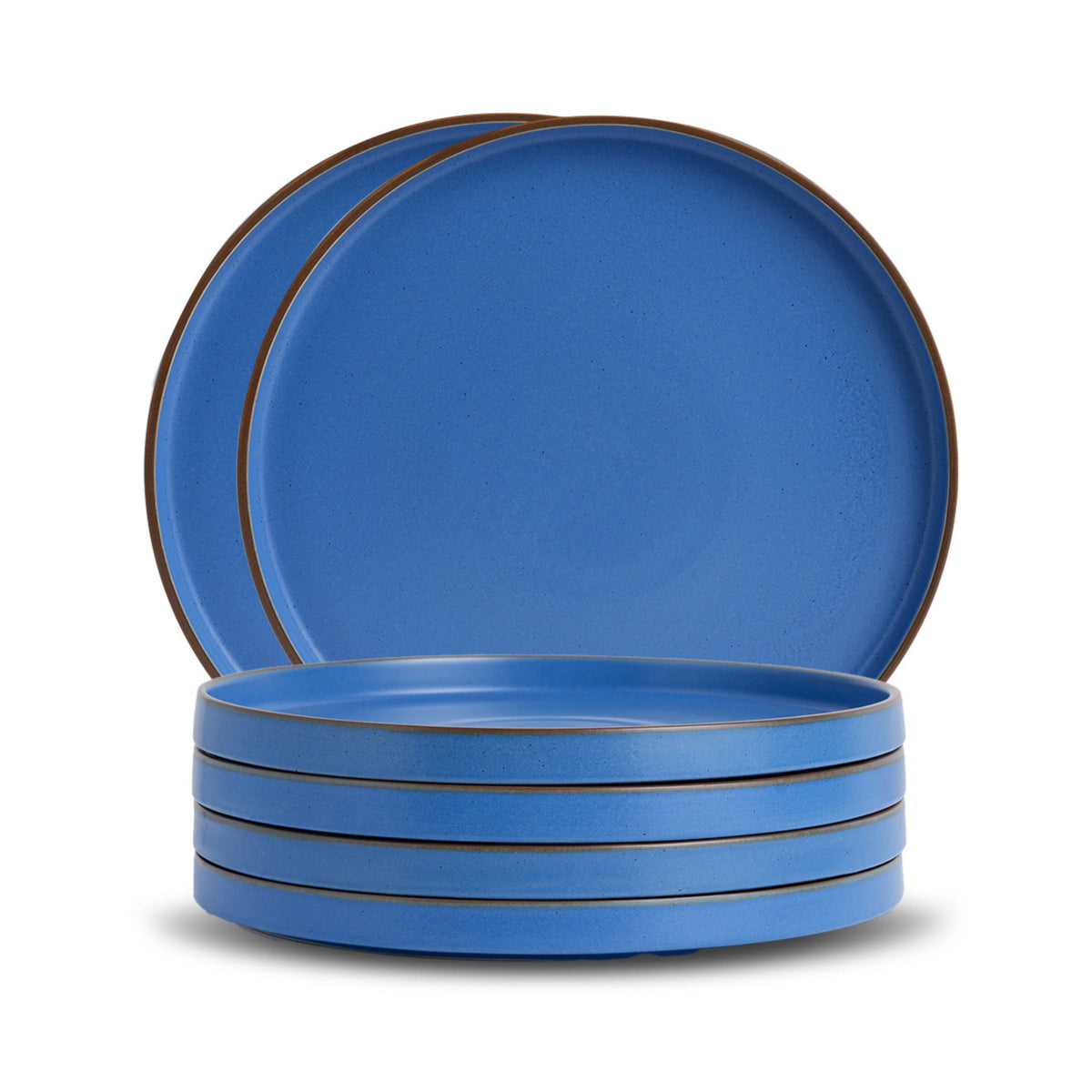 Set of blue ceramic plates with brown rim on a white background