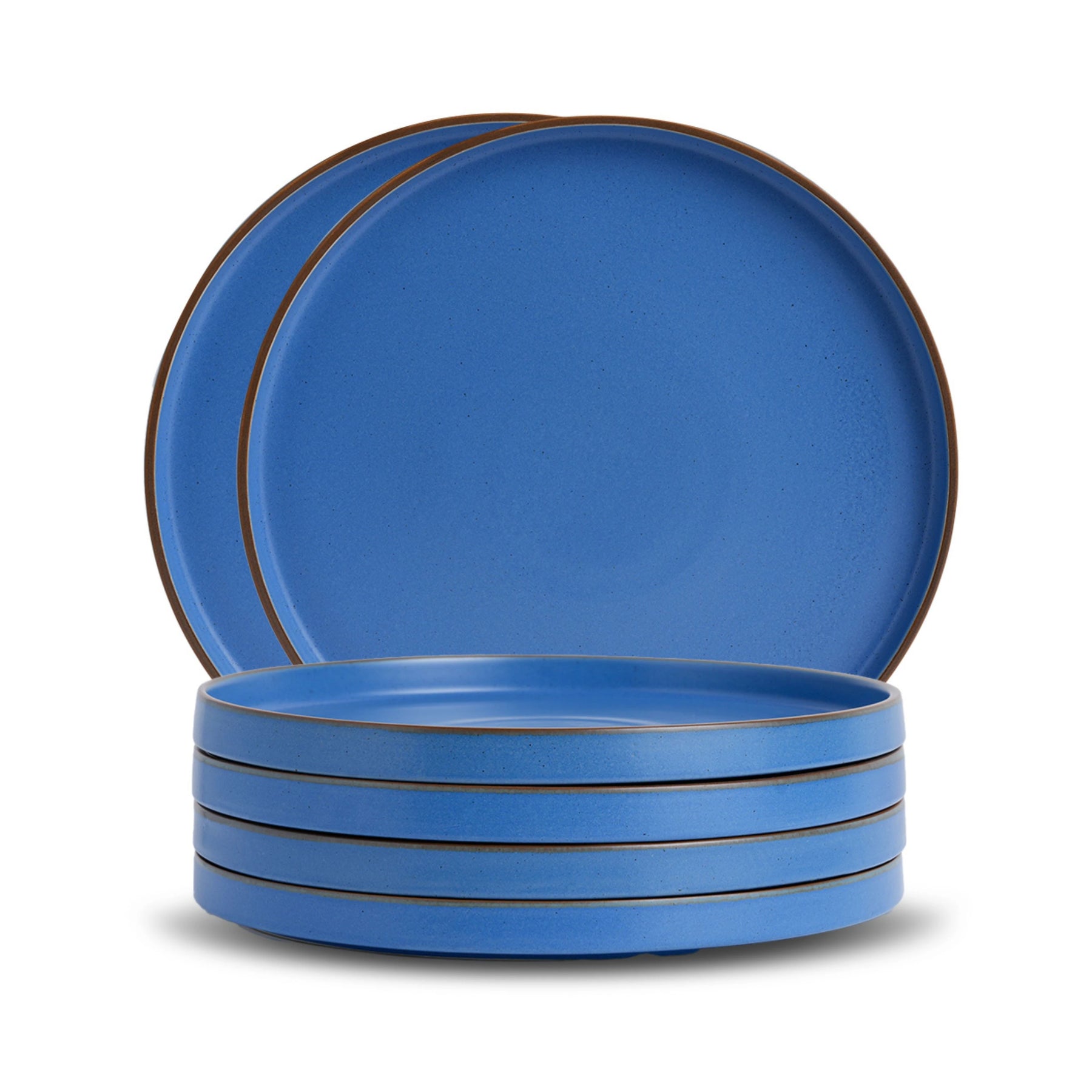 Set of blue ceramic plates with brown rim on a white background
