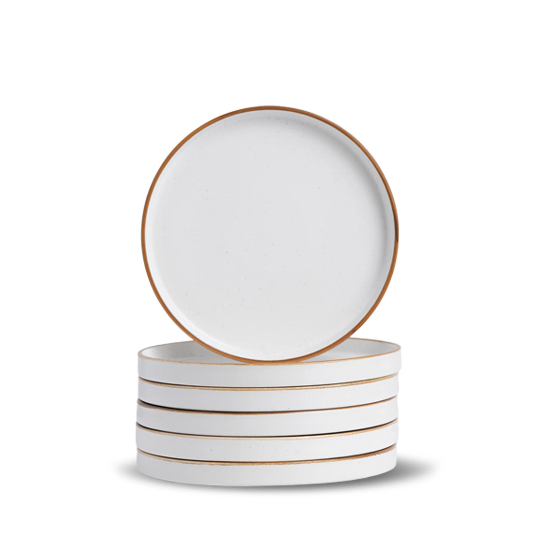 Set of white plates with gold rims stacked on a white background