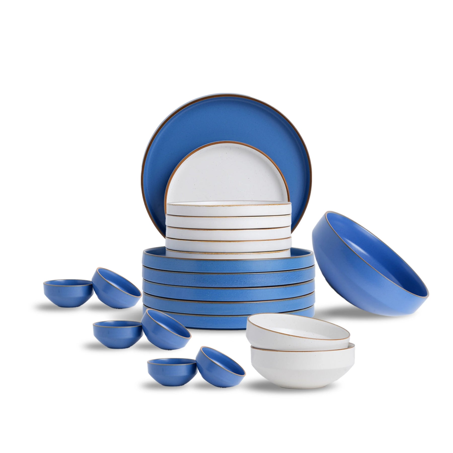 Ceramic dinnerware set with blue and white design on a white background
