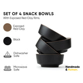 Set of 4 black snack bowls with exposed red clay rims on a white background, featuring product details and branding.
